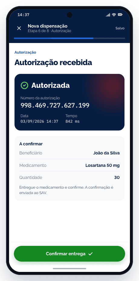 Tela do app: Autorização do SAV