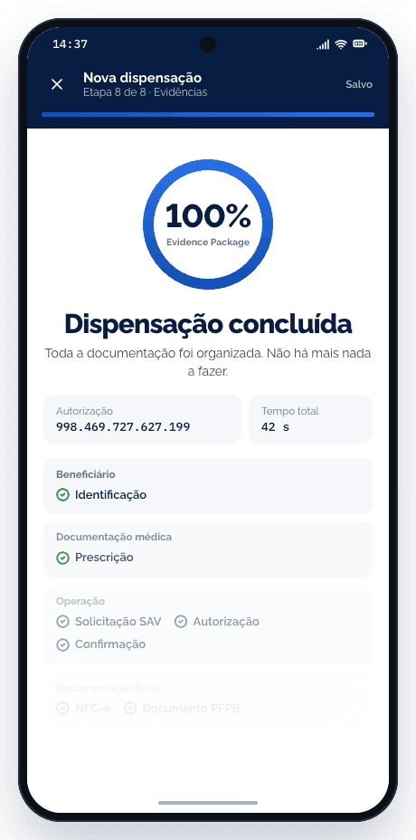 Tela do app: Pacote de evidências completo